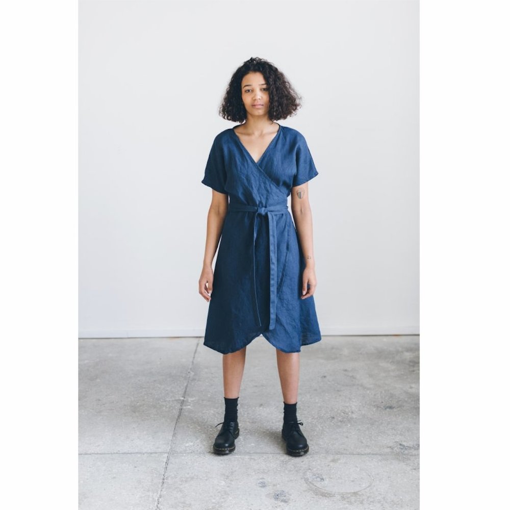 Linenfox Navy Blue Wrap Midi Dress